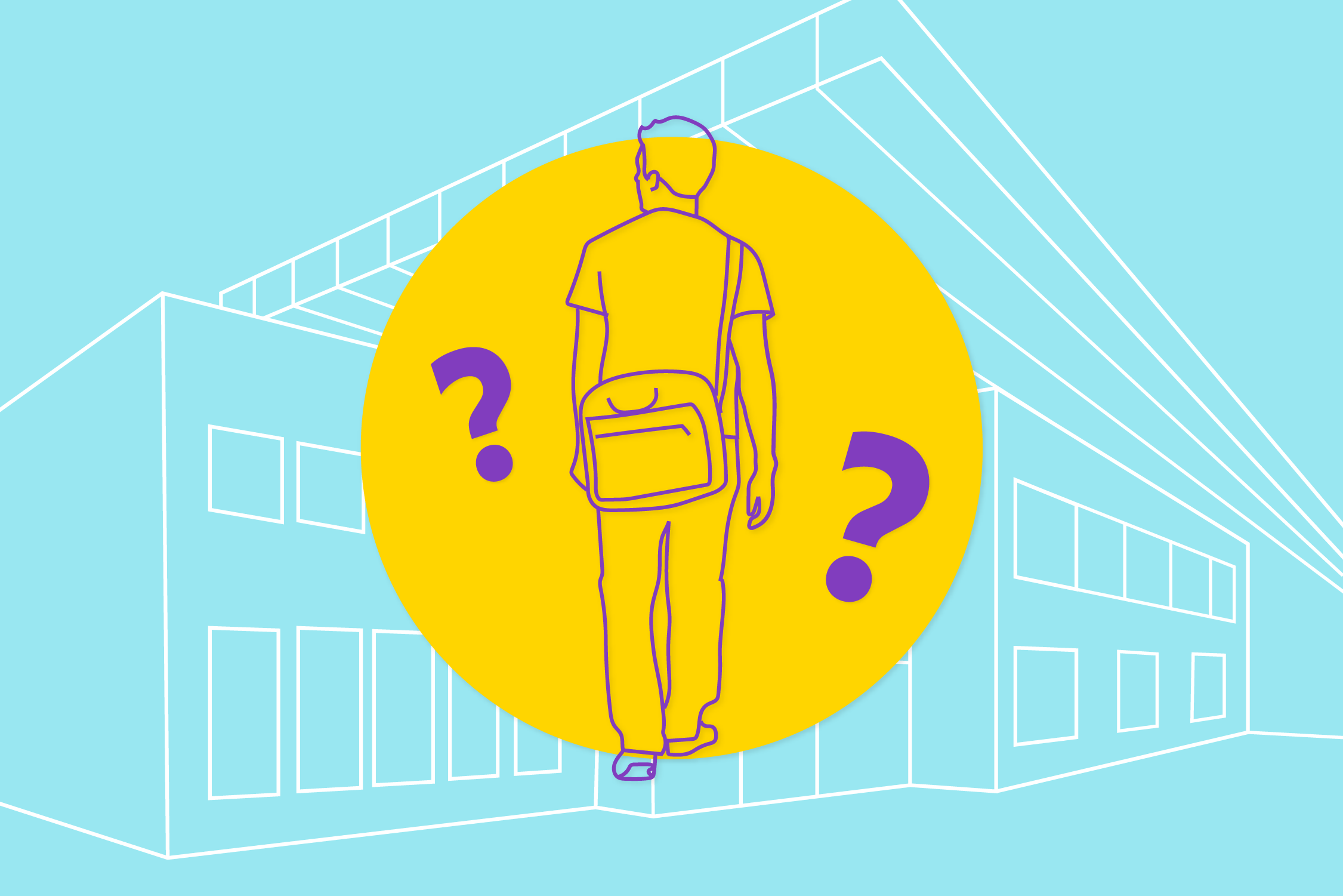 Illustrasjon av en ung person som går foran en skole, med to spørsmålstegn rundt seg
