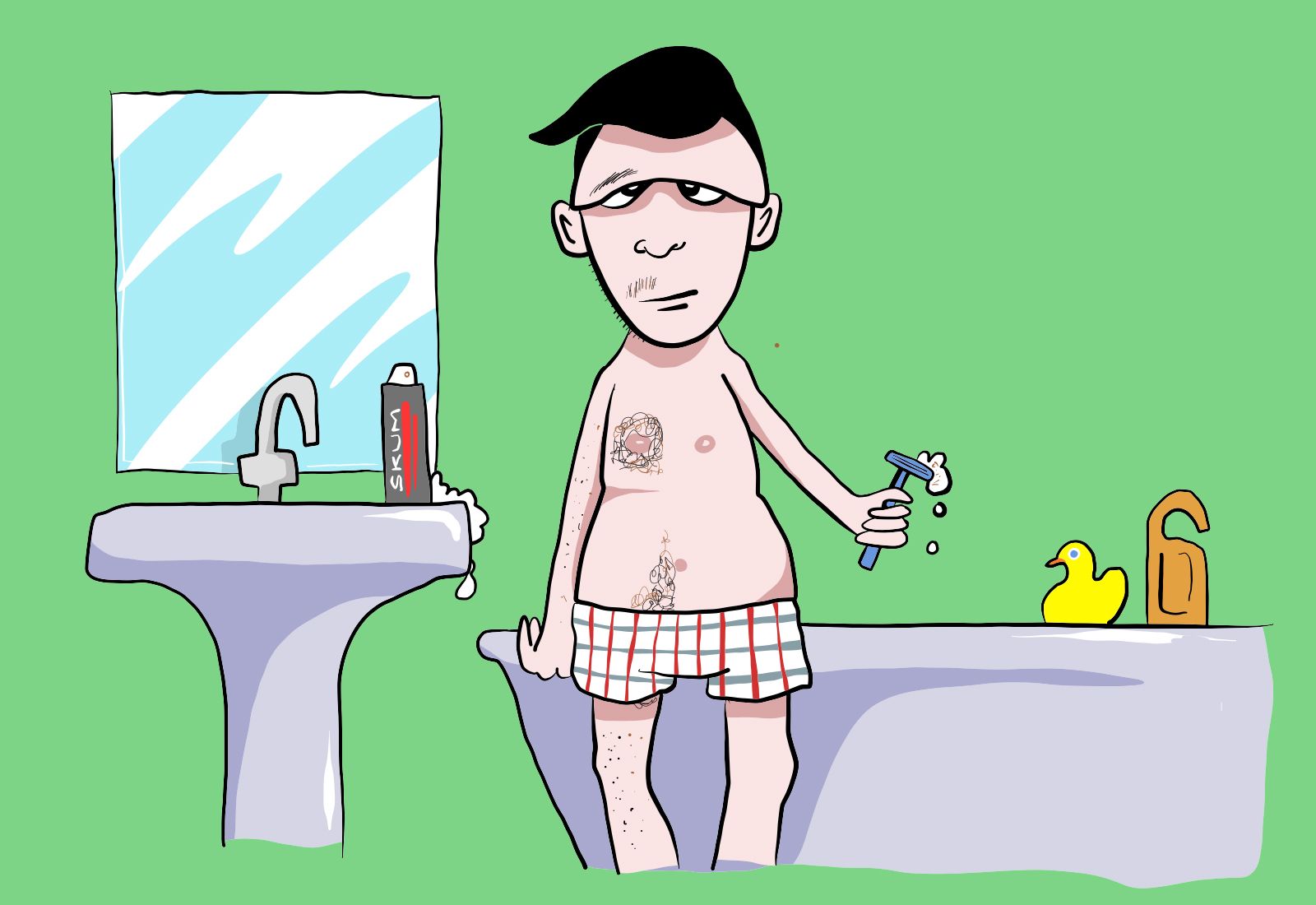 Tegning av gutt på badet som har barbert seg på halve kroppen. Illustrasjon: ung.no