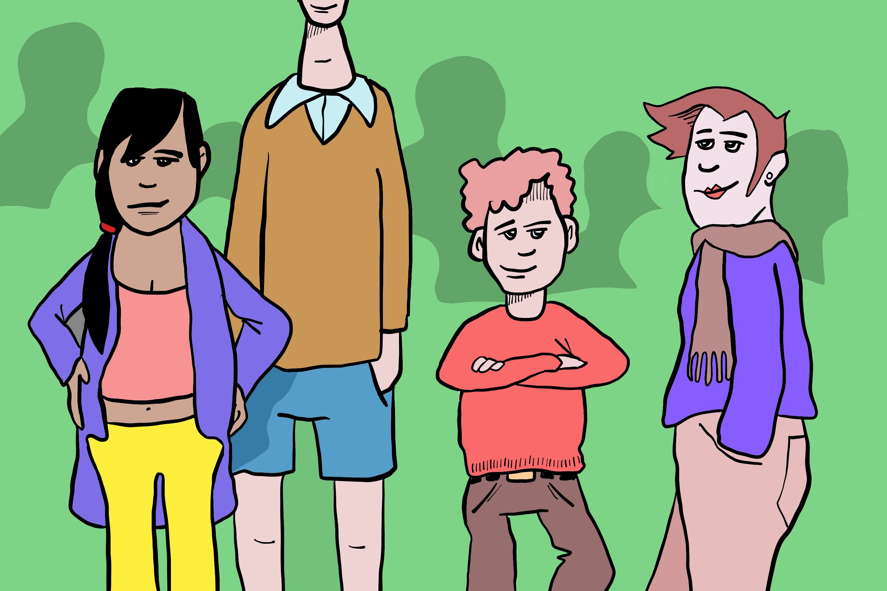 Tegning av fire ungdommer med forskjellige kropper.