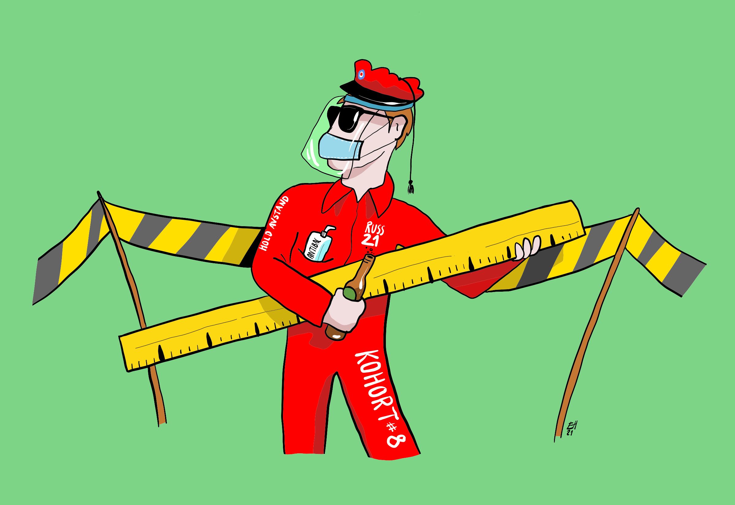 Tegning av russ med munnbind, visir, antibakteriell og metermål.