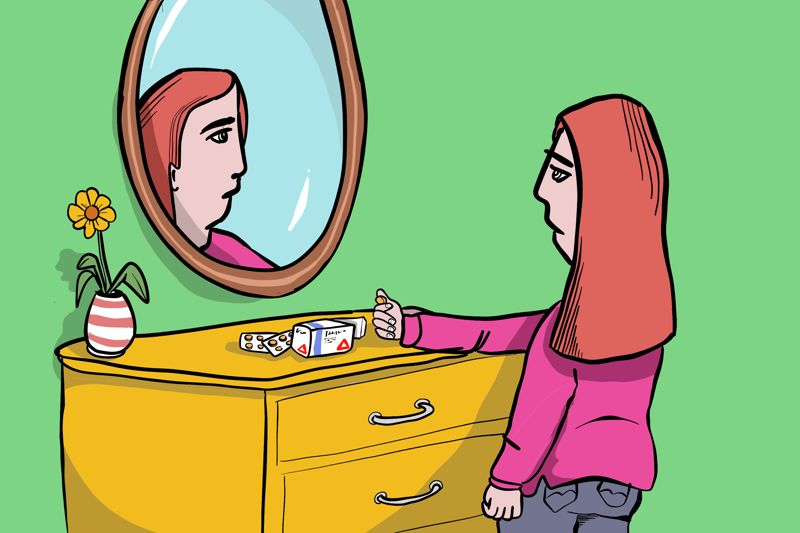 Illustrasjon av person som holder en pille av legemiddelet benzodiazepiner, og ser seg i speilet.