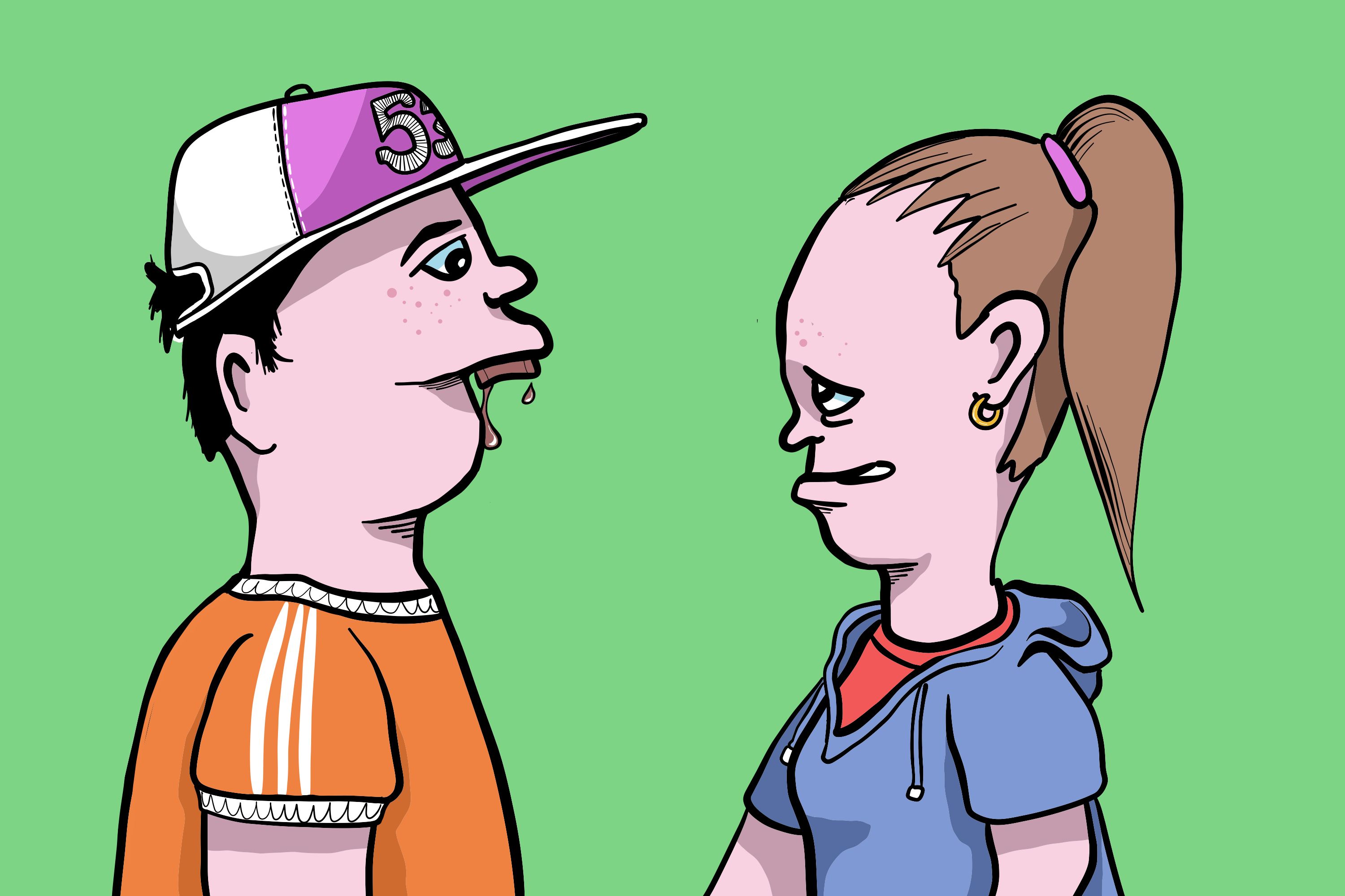 Illustrasjon av to unge personer der den ene snuser.