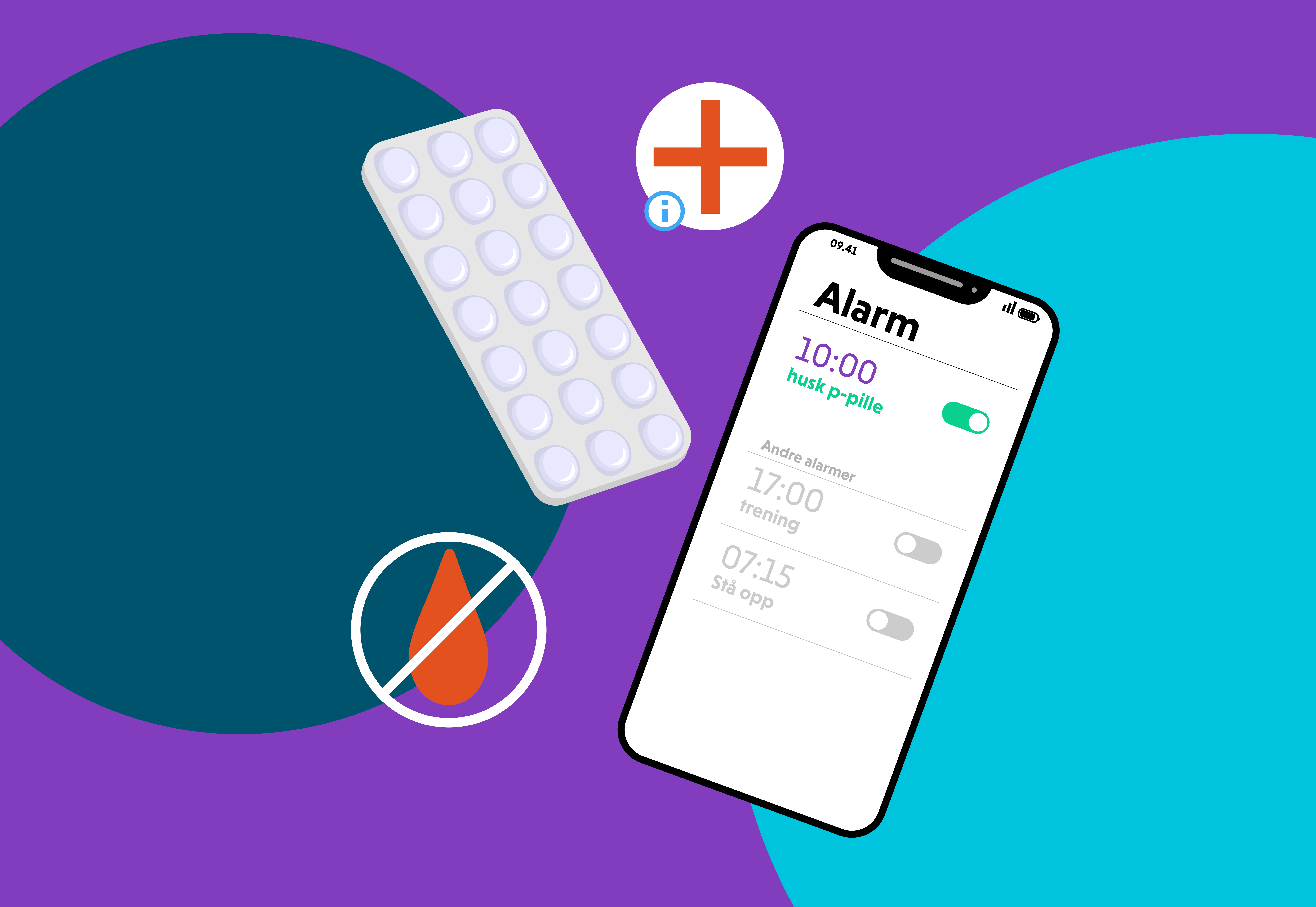 Illustrasjon av et brett med p-piller og en alarm på mobilen for å hjelpe deg med å huske å ta en pille hver dag - og helst til samme tid