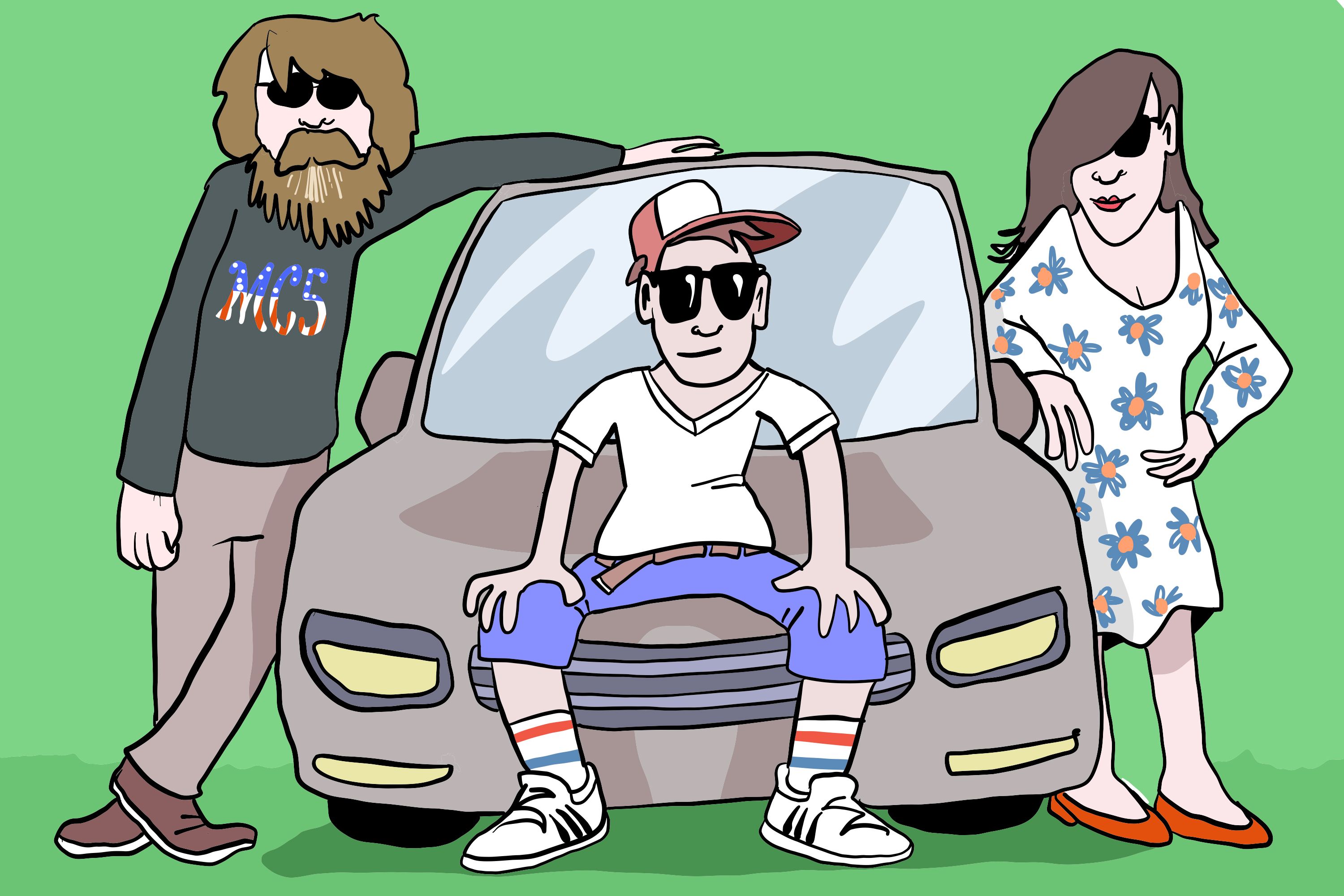 Illustrasjon av en familie på tre som poserer foran en bil og er klar for ferie.