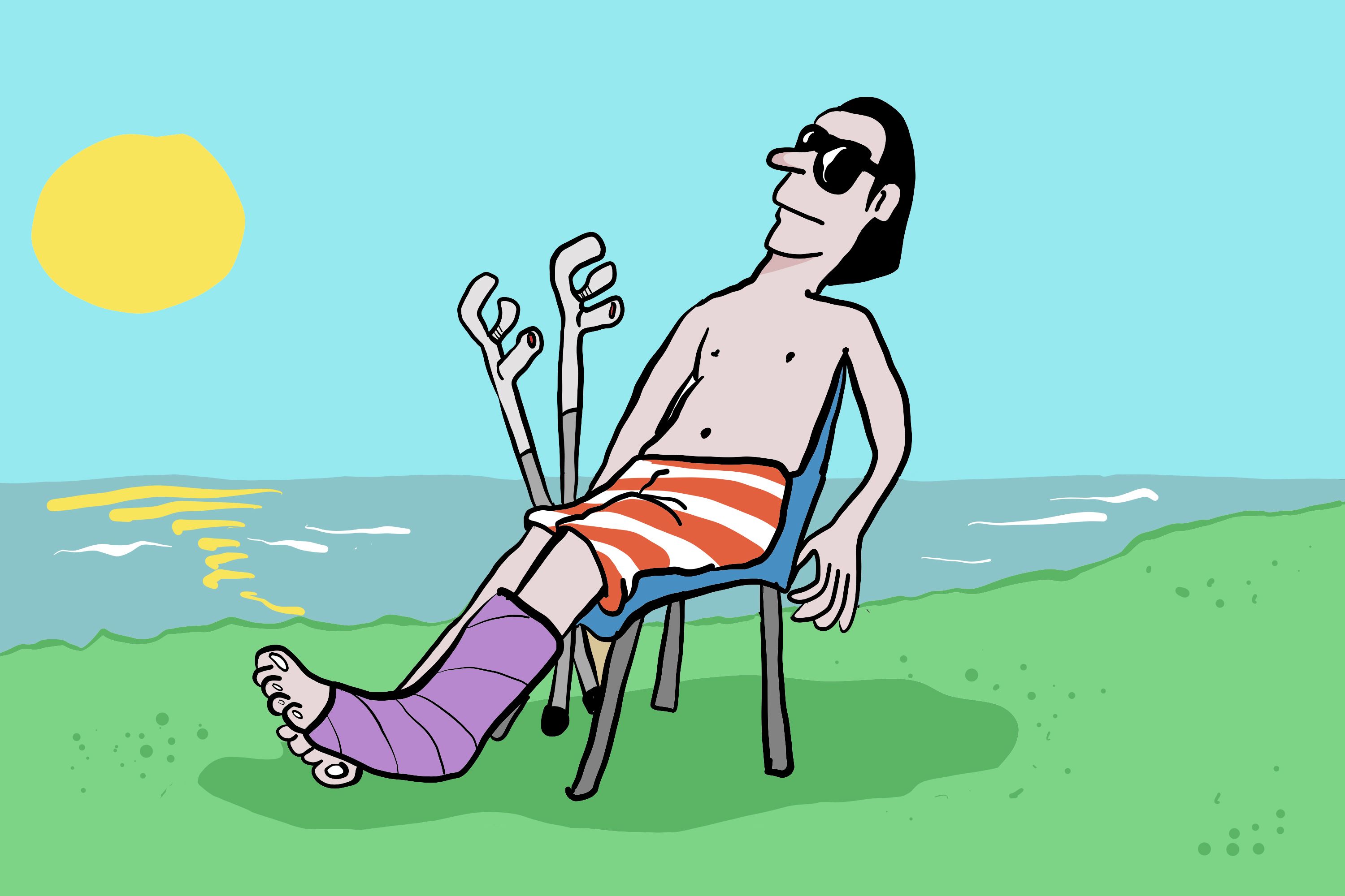 Illustrasjon av en fyr som soler seg på stranda med gipset bein og krykker.