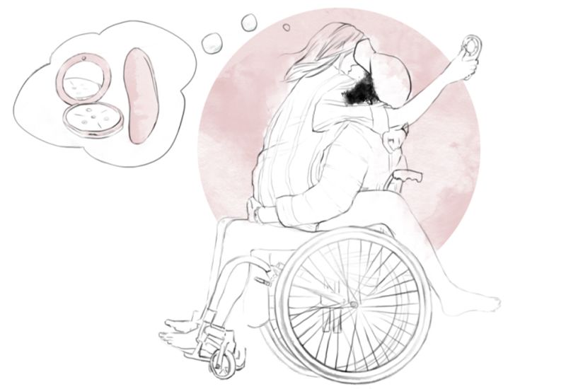 Illustrasjon av en ung person som sitter på fanget til en ung person i rullestol mens de kysser og tenker på sex