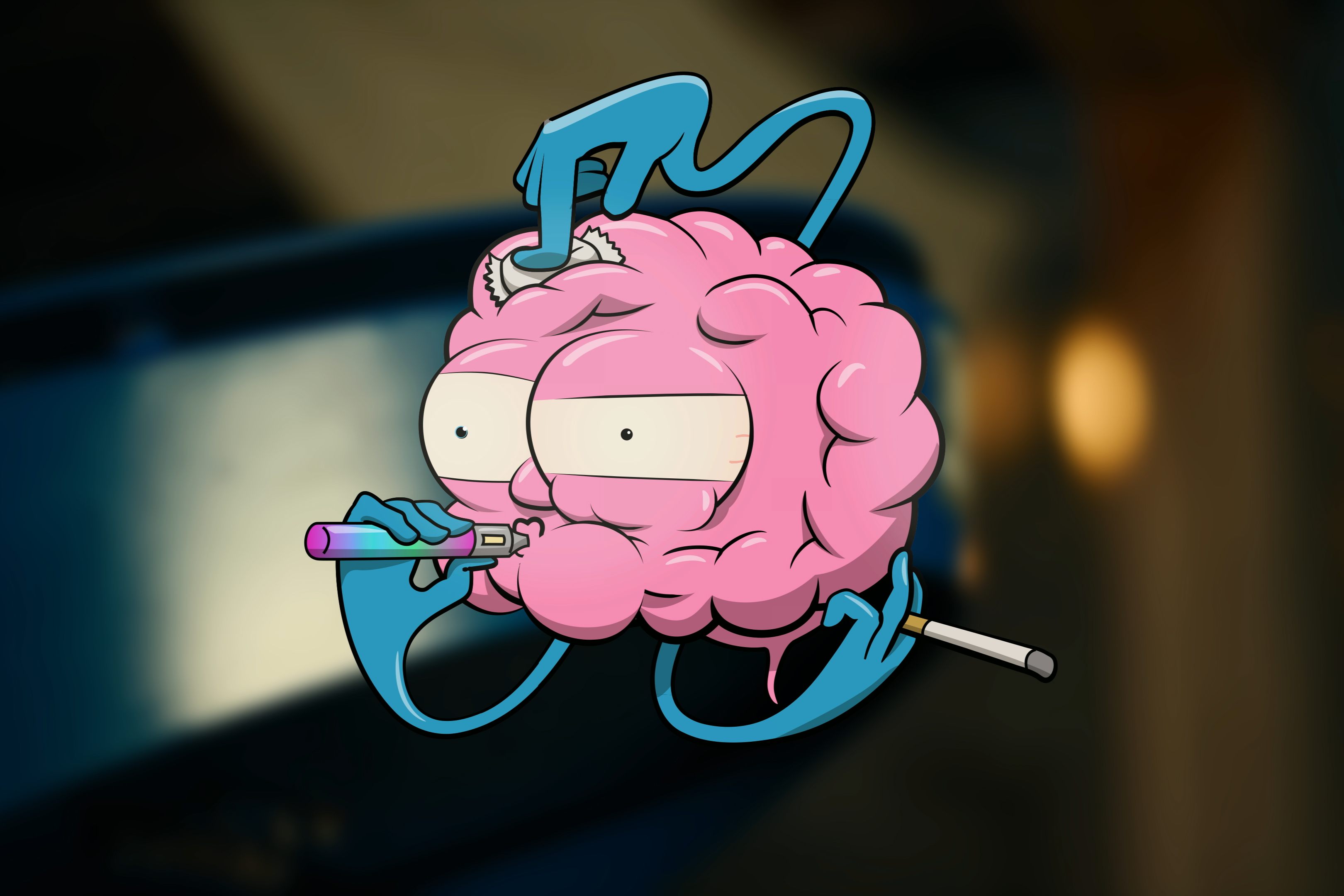 Tegnet illustrasjon av en hjerne med armer som dytter på med snus, røyk og vape.