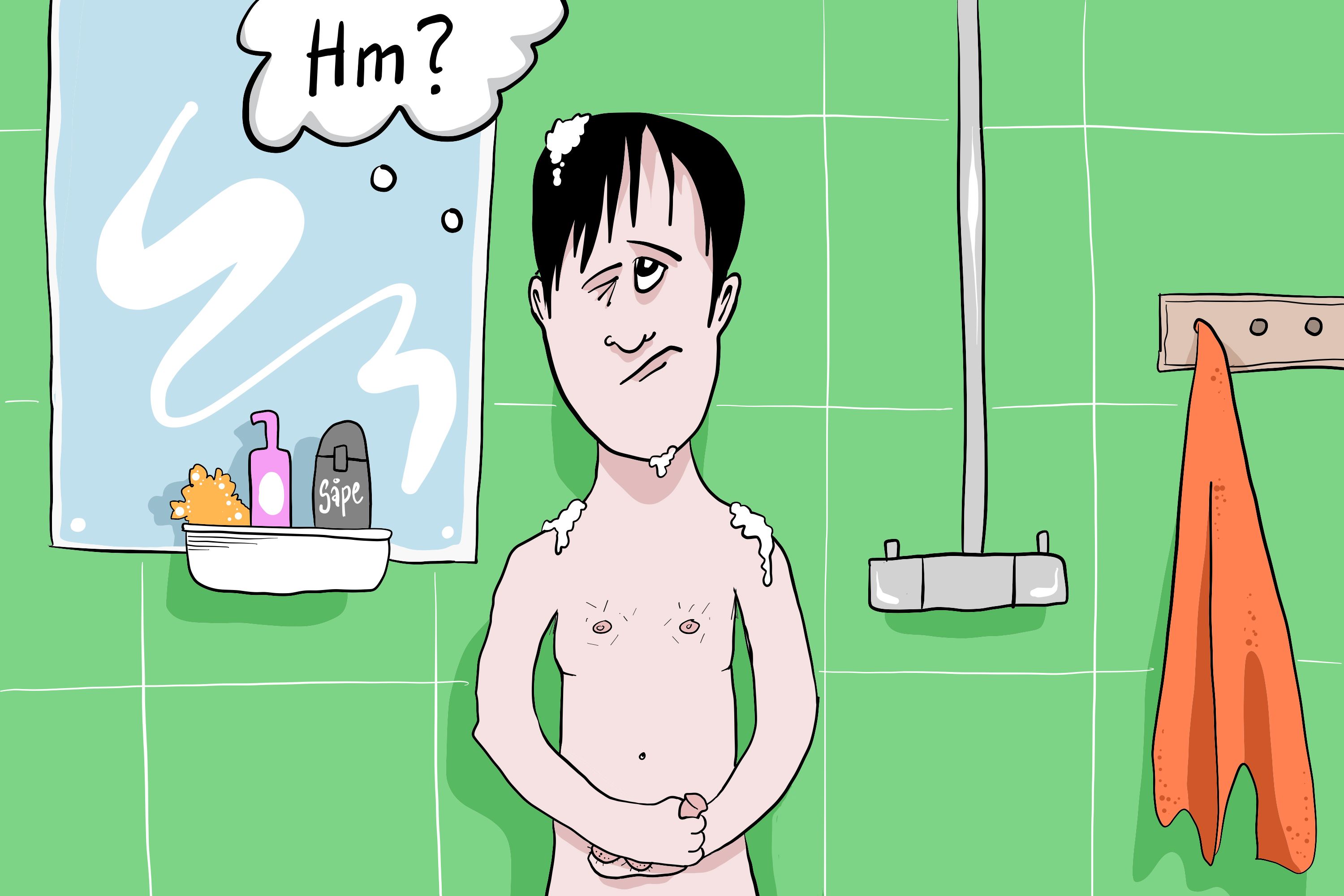 Tegning av gutt som står på badet etter en dusj og kjenner på pungen sin.
