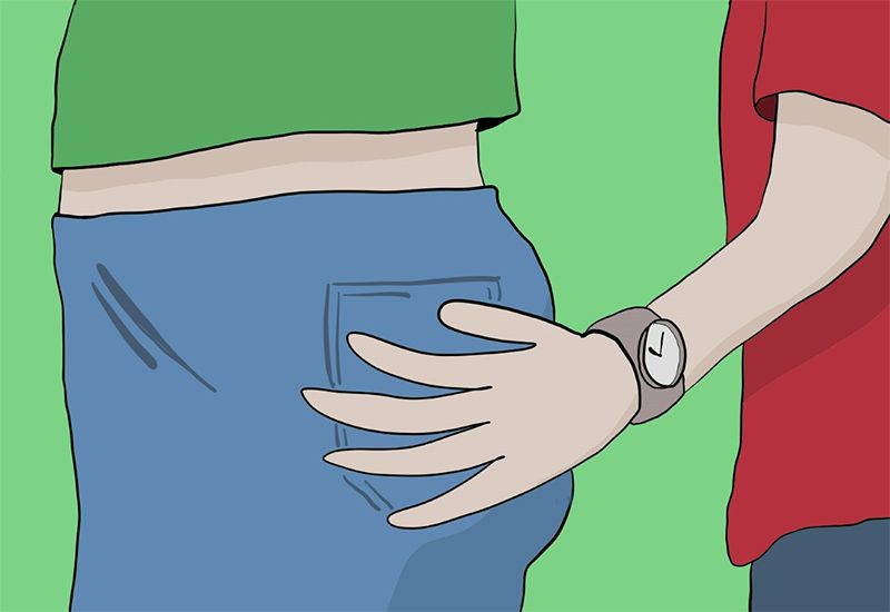 Tegning av en som legger en hånd på rumpa til en annen person (illustrasjon: ung.no)