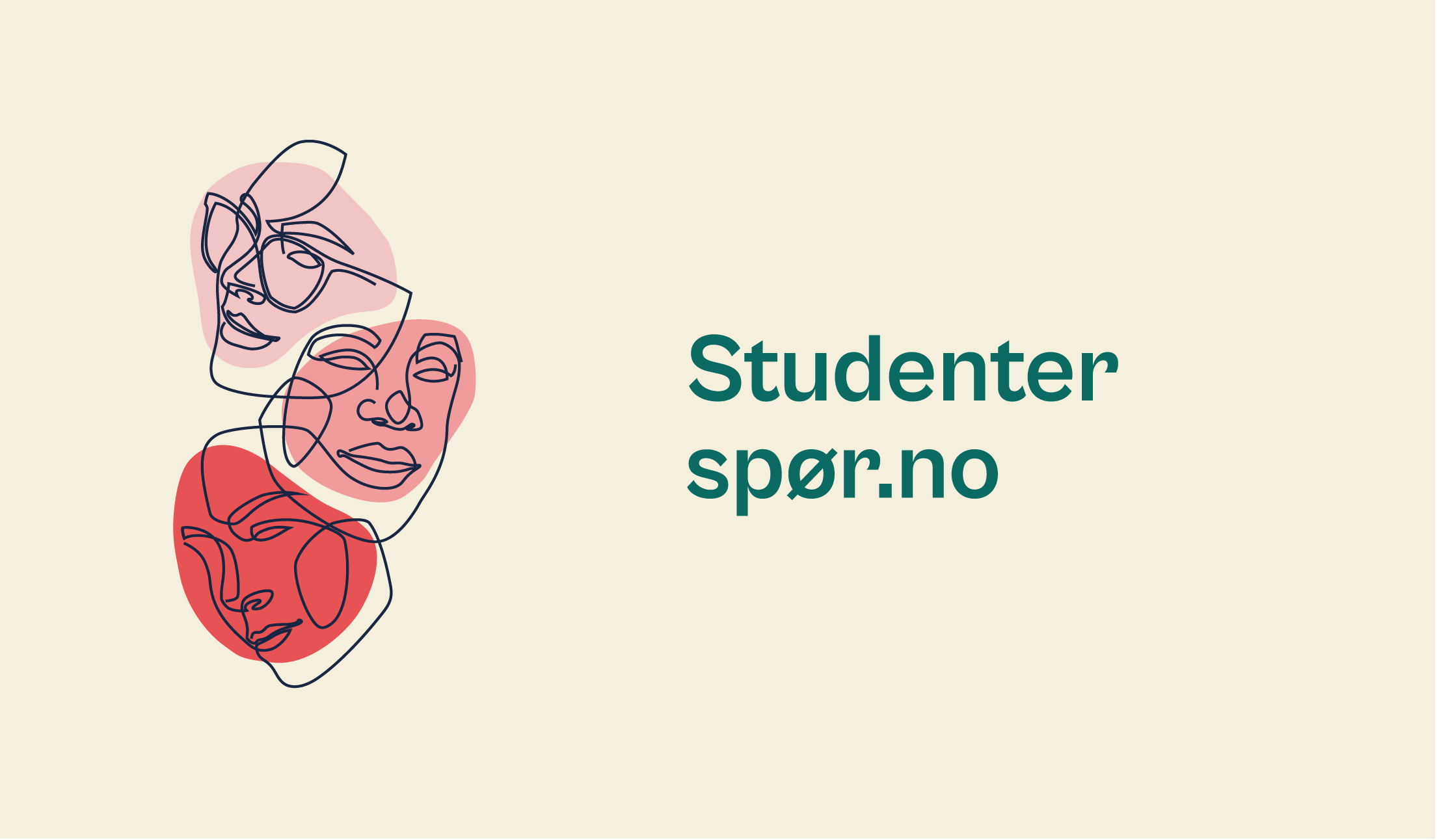 Illustrasjon av tre forskjellige ansikter med logoen til studenterspør.no ved siden av