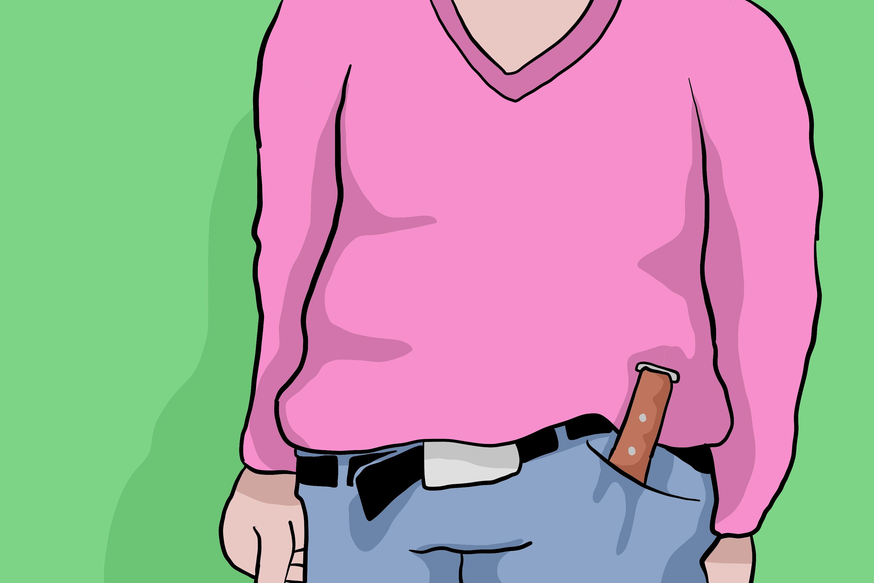 Illustrasjon av en person med kniv i lomma.