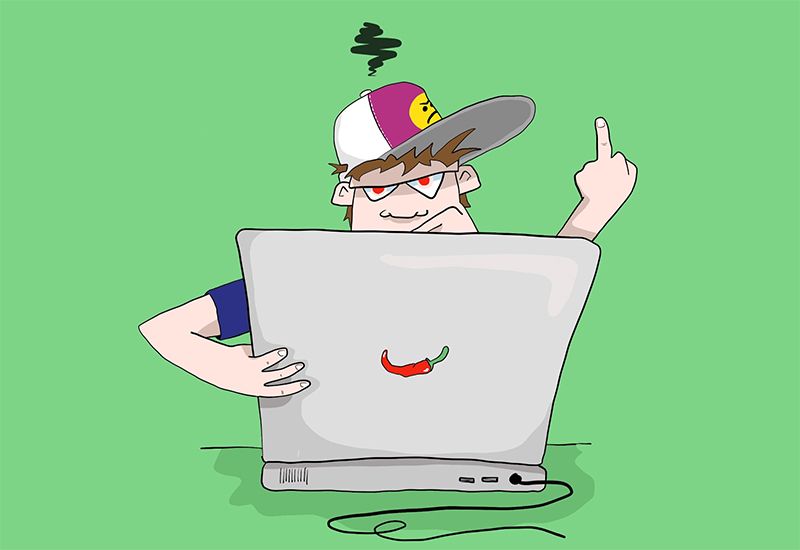 Tegning av sinna gutt foran laptop som viser fingeren. Illustrasjon: ung.no