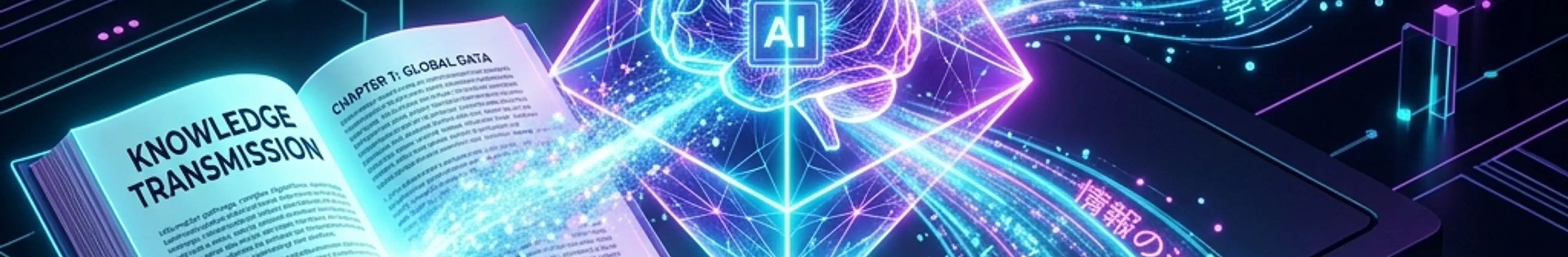 英語の書籍から輝くAIプリズムを通じて日本語のデータストリームへ変換される様子
