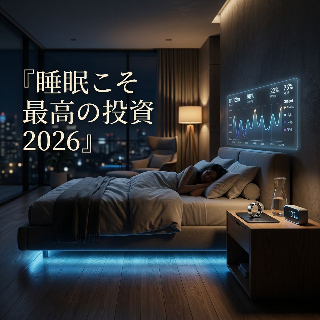 最新スリープテックのイメージ：ハイテクな寝室とスマートリング、睡眠サイクルを表示するホログラム