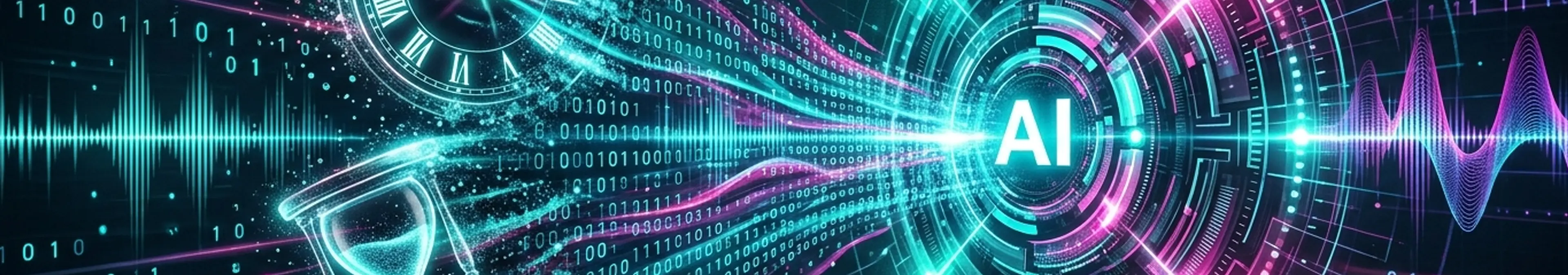 光り輝く砂時計がデジタルコードと音声波形に分解され、AIコアに吸い込まれて処理されていく様子