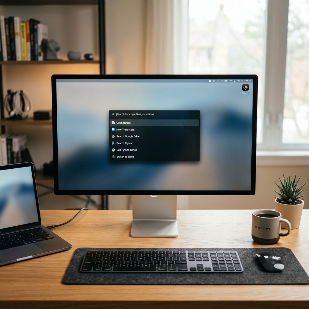 Raycastのランチャーインターフェースが表示されたMacのデスクセットアップ