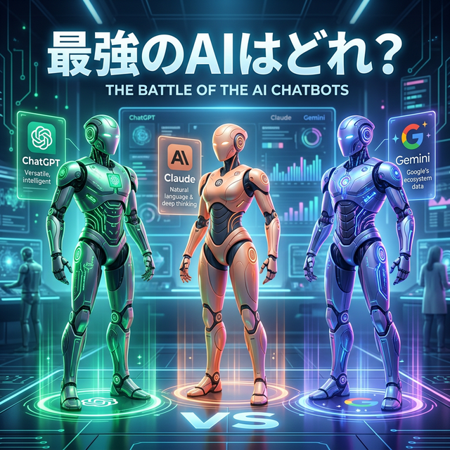 最強のAIはどれ？ChatGPT、Claude、Geminiの比較記事用アイキャッチ