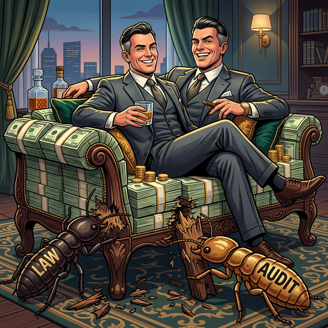 札束のソファに座る人物と、そのソファを食い荒らす「法律（LAW）」と「監査（AUDIT）」のシロアリ