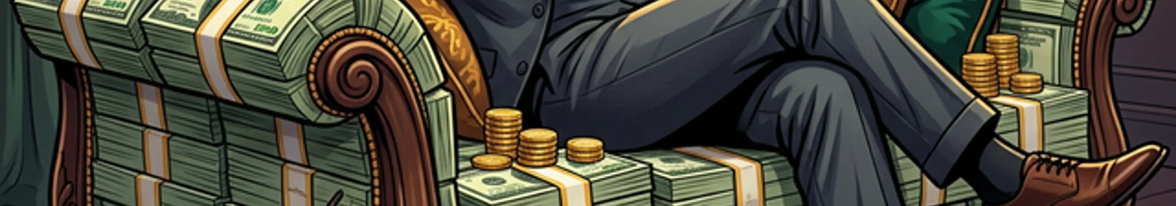 札束のソファに座る人物と、そのソファを食い荒らす「法律(LAW)」と「監査(AUDIT)」のシロアリ