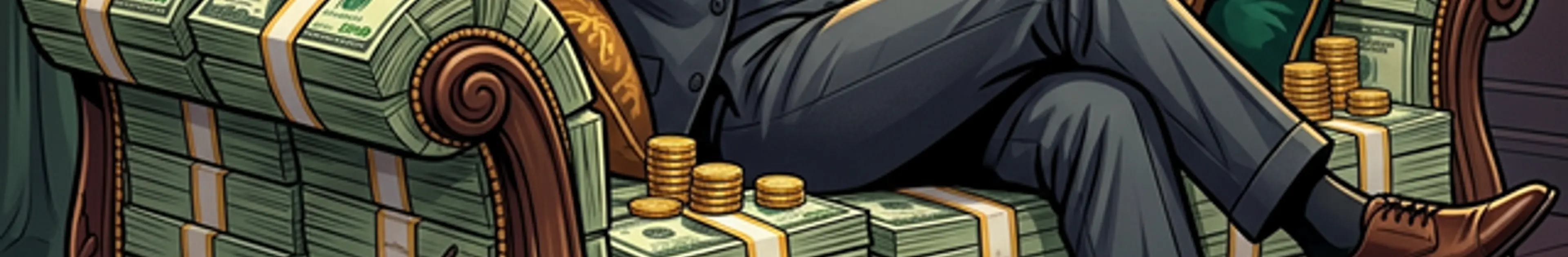 札束のソファに座る人物と、そのソファを食い荒らす「法律(LAW)」と「監査(AUDIT)」のシロアリ