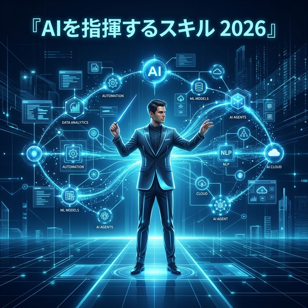 AIオーケストレーションのイメージ：デジタル空間でAIエージェントを指揮するプロフェッショナル
