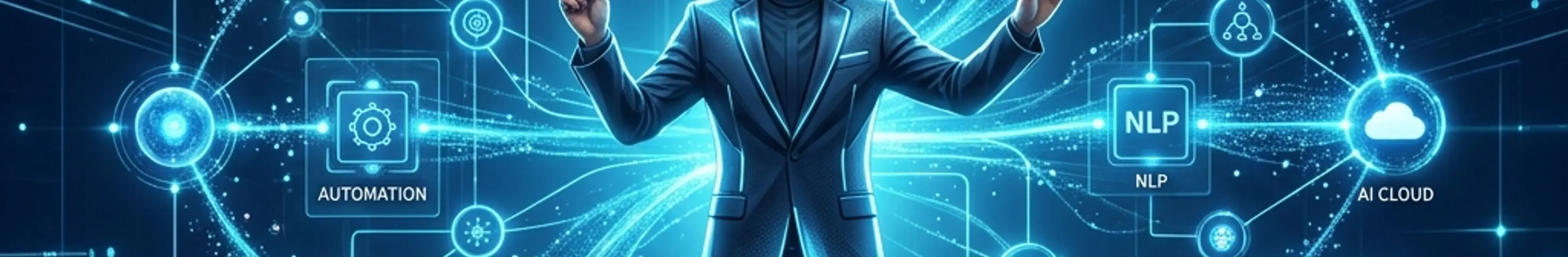 AIオーケストレーションのイメージ:デジタル空間でAIエージェントを指揮するプロフェッショナル