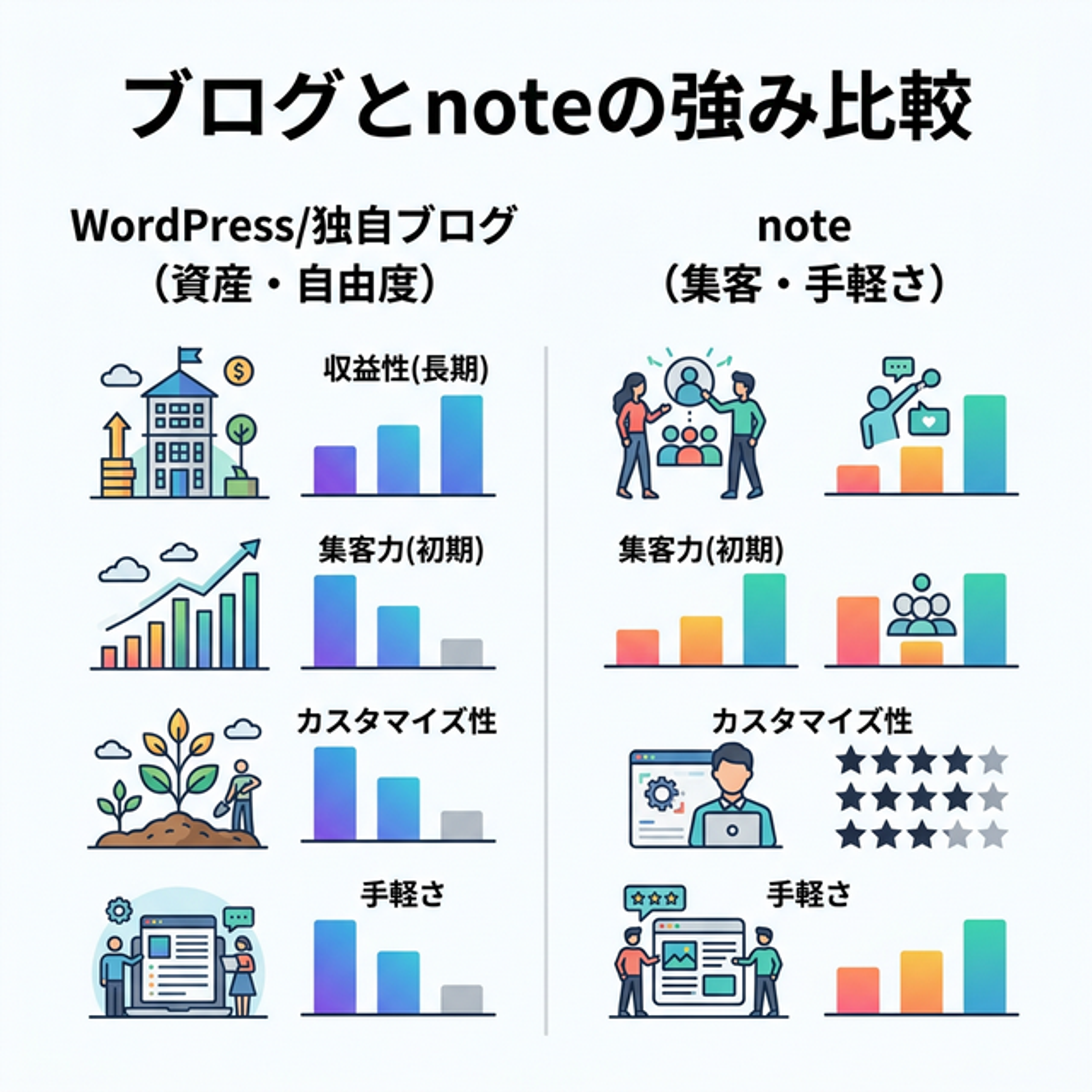 ブログとnoteの強みを「収益性・集客力・カスタマイズ性・手軽さ」の4項目で比較した図解チャート