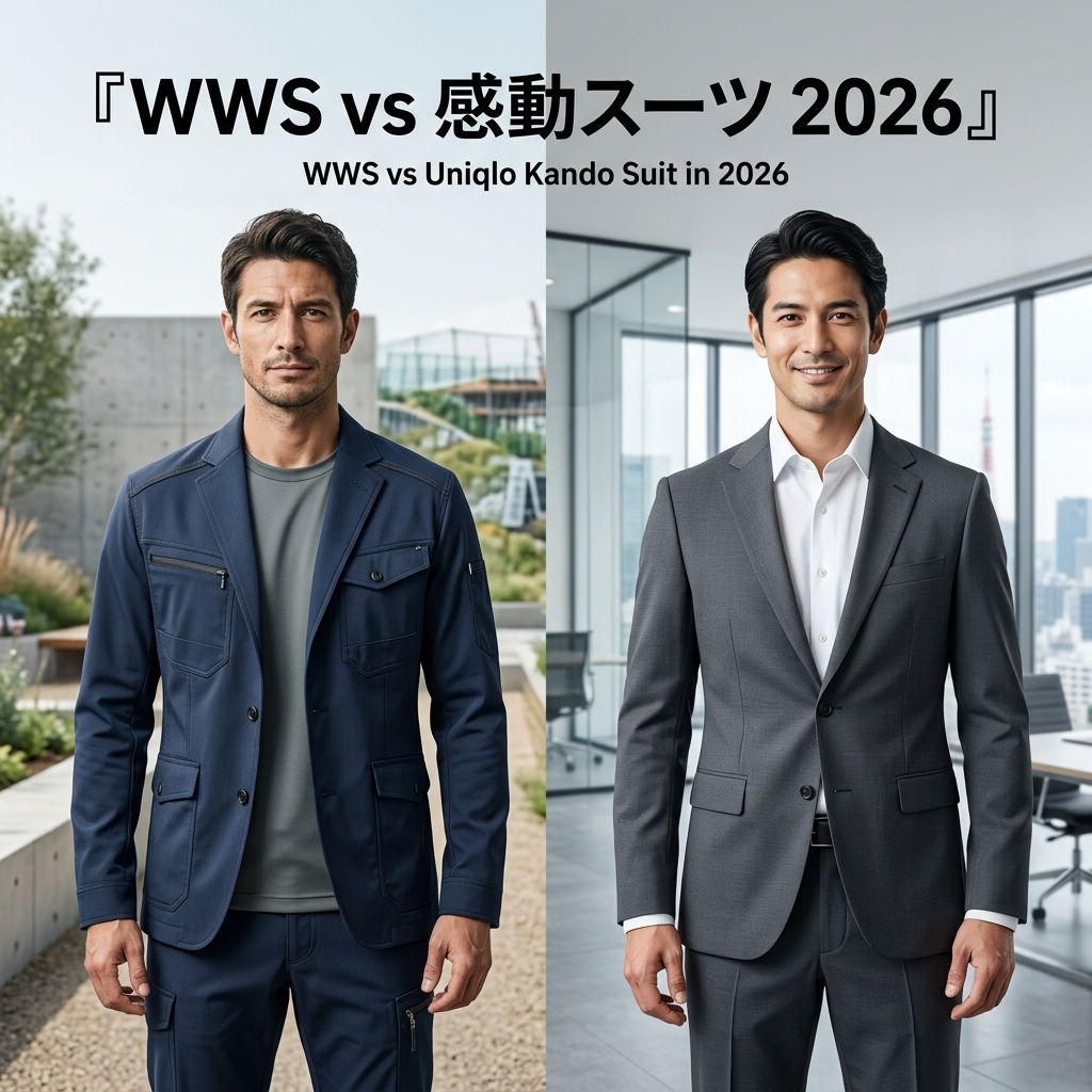 WWSとユニクロ感動スーツの比較イメージ：タフな現場向けのデザインと洗練されたオフィス向けのデザインの対比