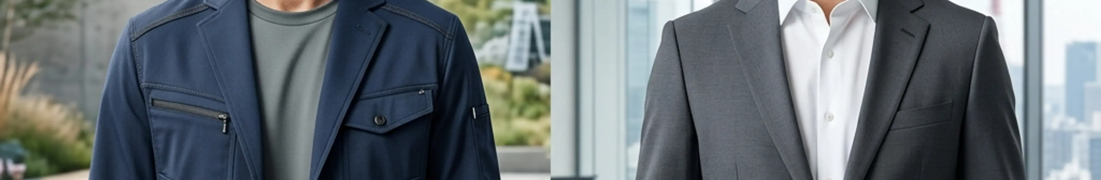 WWSとユニクロ感動スーツの比較イメージ:タフな現場向けのデザインと洗練されたオフィス向けのデザインの対比