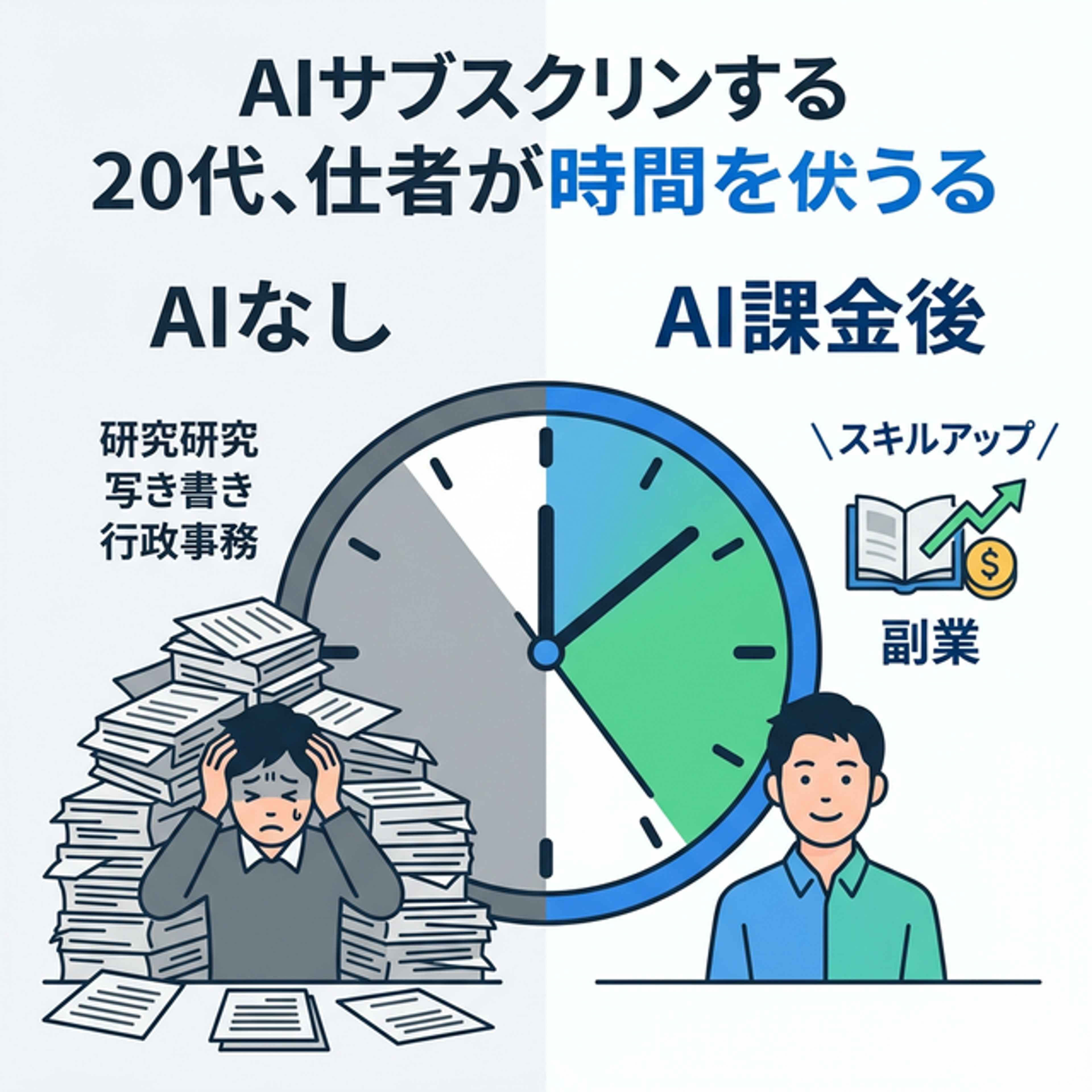 AI課金のBefore/Afterを図解したイメージ。左側は書類の山に埋もれて疲弊している状態。右側はタスクをサクッと終えて、スキルアップや副業に時間を充てている状態。