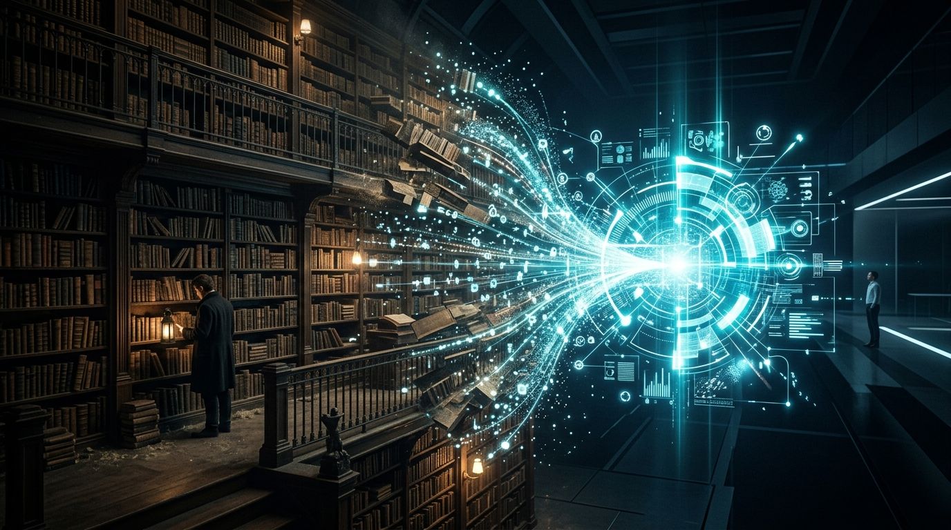 古い巨大な図書館から、光り輝く次世代のホログラムAI検索インターフェースへとデータが高速で集約されていく様子