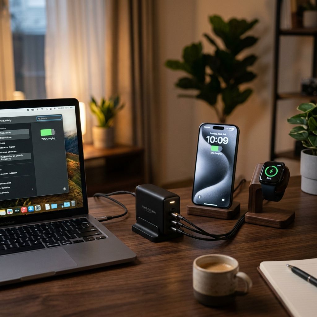 デスクの上でノートPC、スマホ、スマートウォッチを同時に急速充電する3-in-1充電器