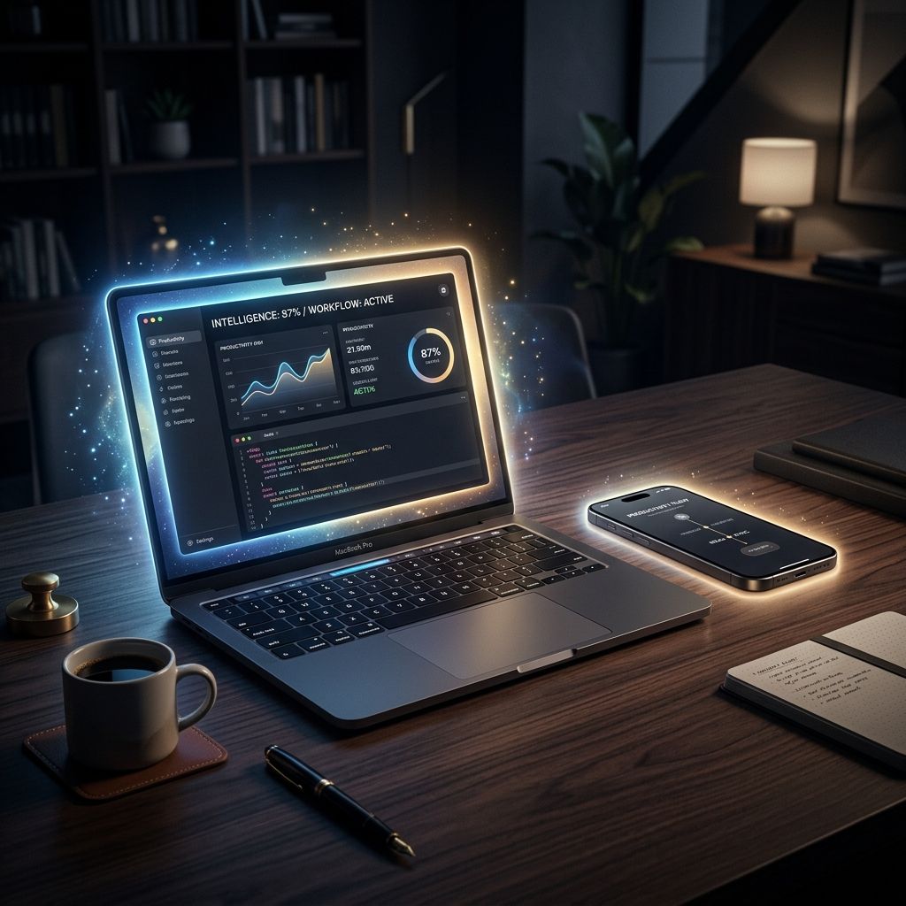 暗い木目調のデスクの上で光を放つMacbookとiPhone