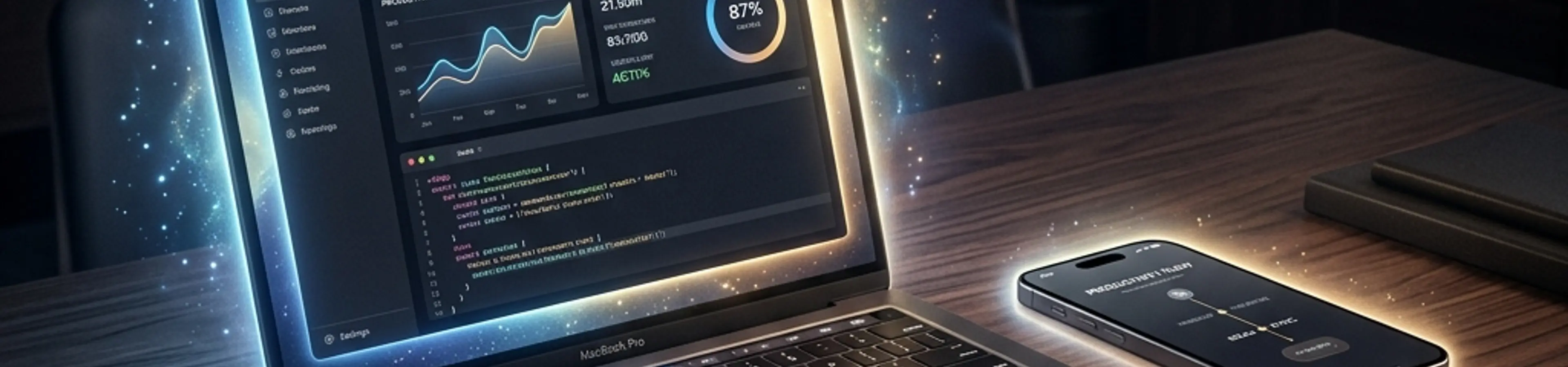 暗い木目調のデスクの上で光を放つMacbookとiPhone