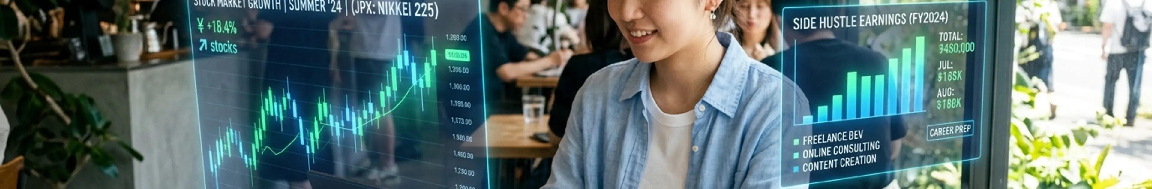 カフェで投資や副業について学ぶ大学生