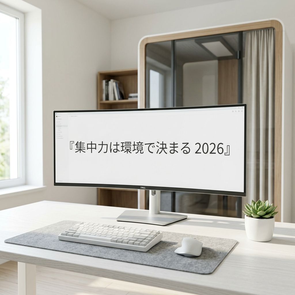 集中環境のイメージ：清潔感のある白いデスク環境と観葉植物、背後に見えるワークブース