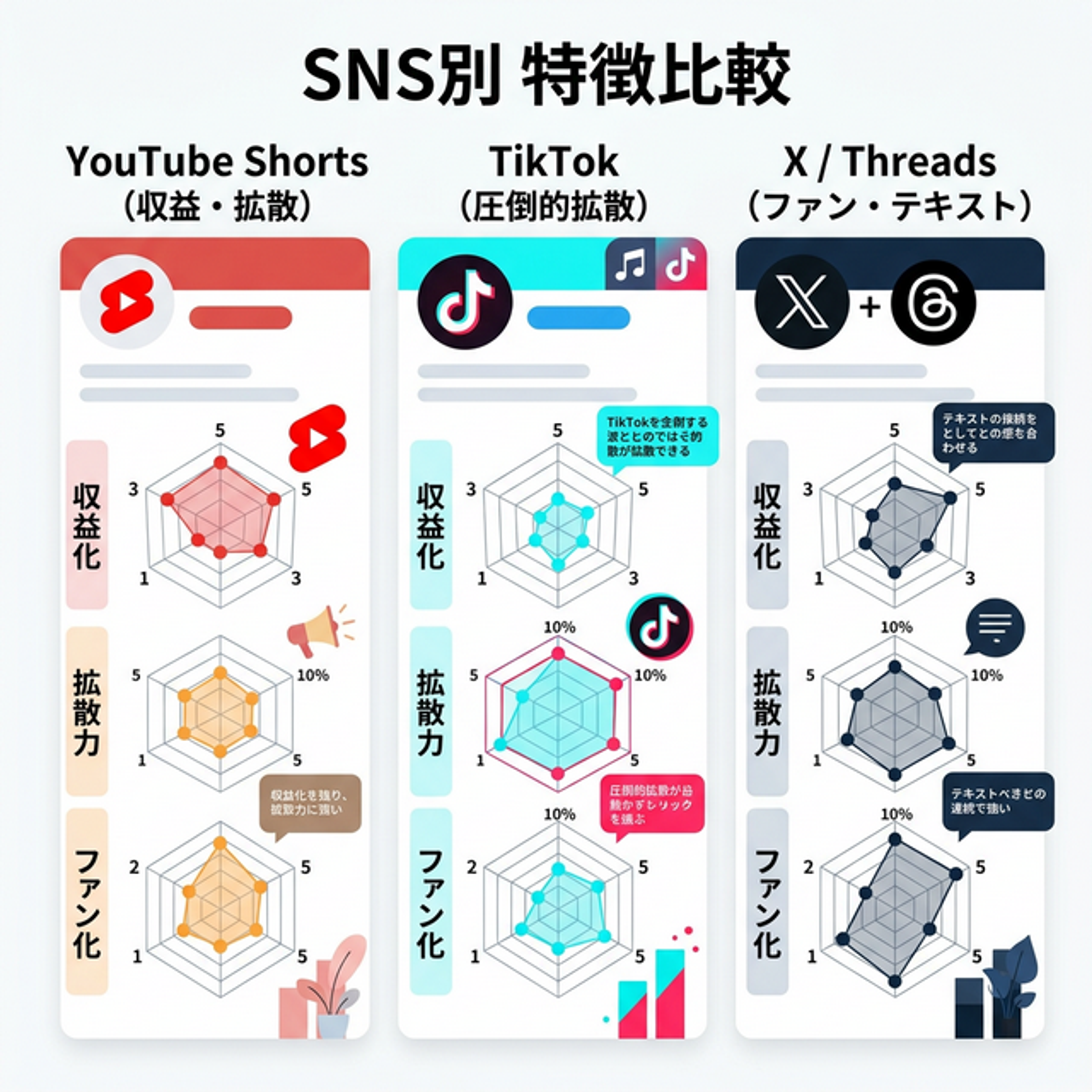 SNS別の特徴比較(YouTube Shorts、TikTok、X/Threads)を図解した比較表