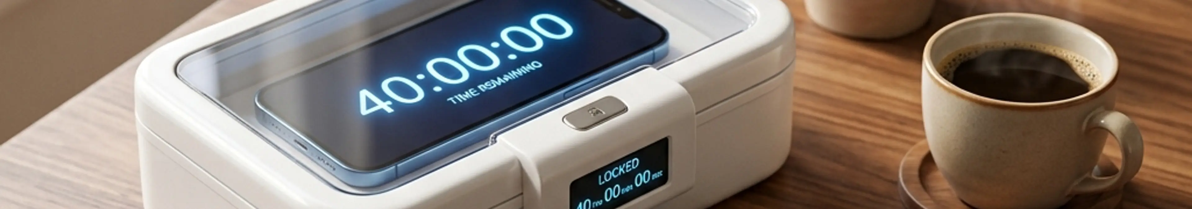 タイマー付きのロックボックス内にスマホが閉じ込められており、手前には本革ノートと万年筆が置かれているアイキャッチイラスト
