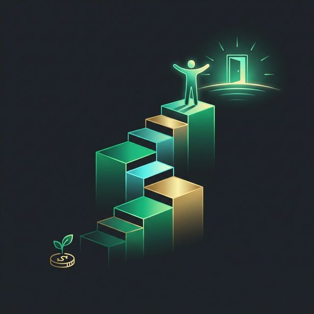 階段を一歩ずつ登ってFIREへと到達する概念イラスト