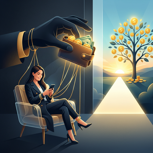 親の支援という操り人形の糸から抜け出し、自立した資産の木（ wealth tree ）へと続く道を進むイメージ