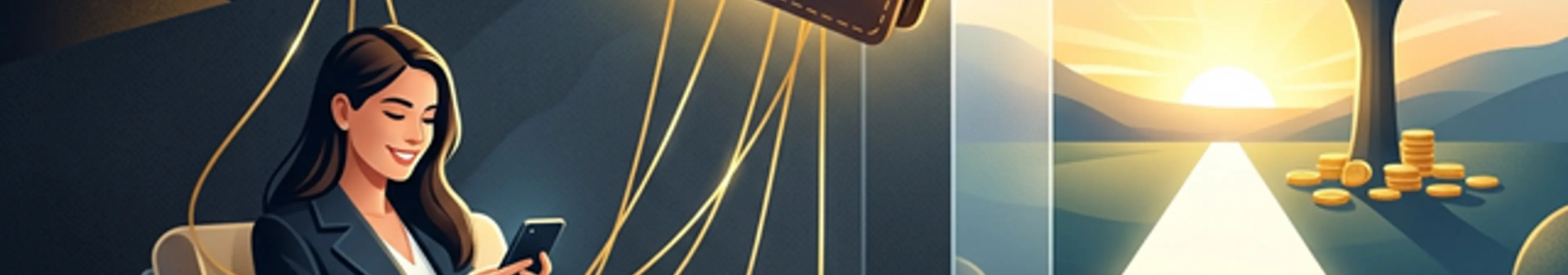 親の支援という操り人形の糸から抜け出し、自立した資産の木( wealth tree )へと続く道を進むイメージ