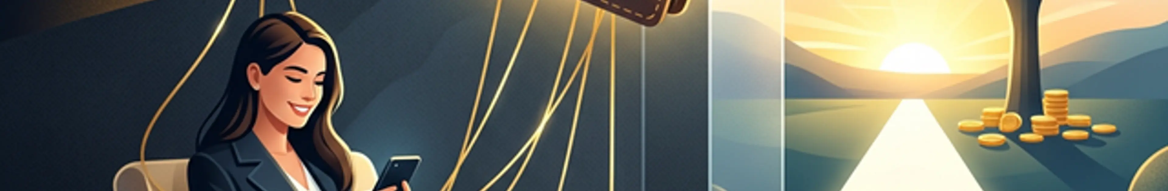 親の支援という操り人形の糸から抜け出し、自立した資産の木( wealth tree )へと続く道を進むイメージ