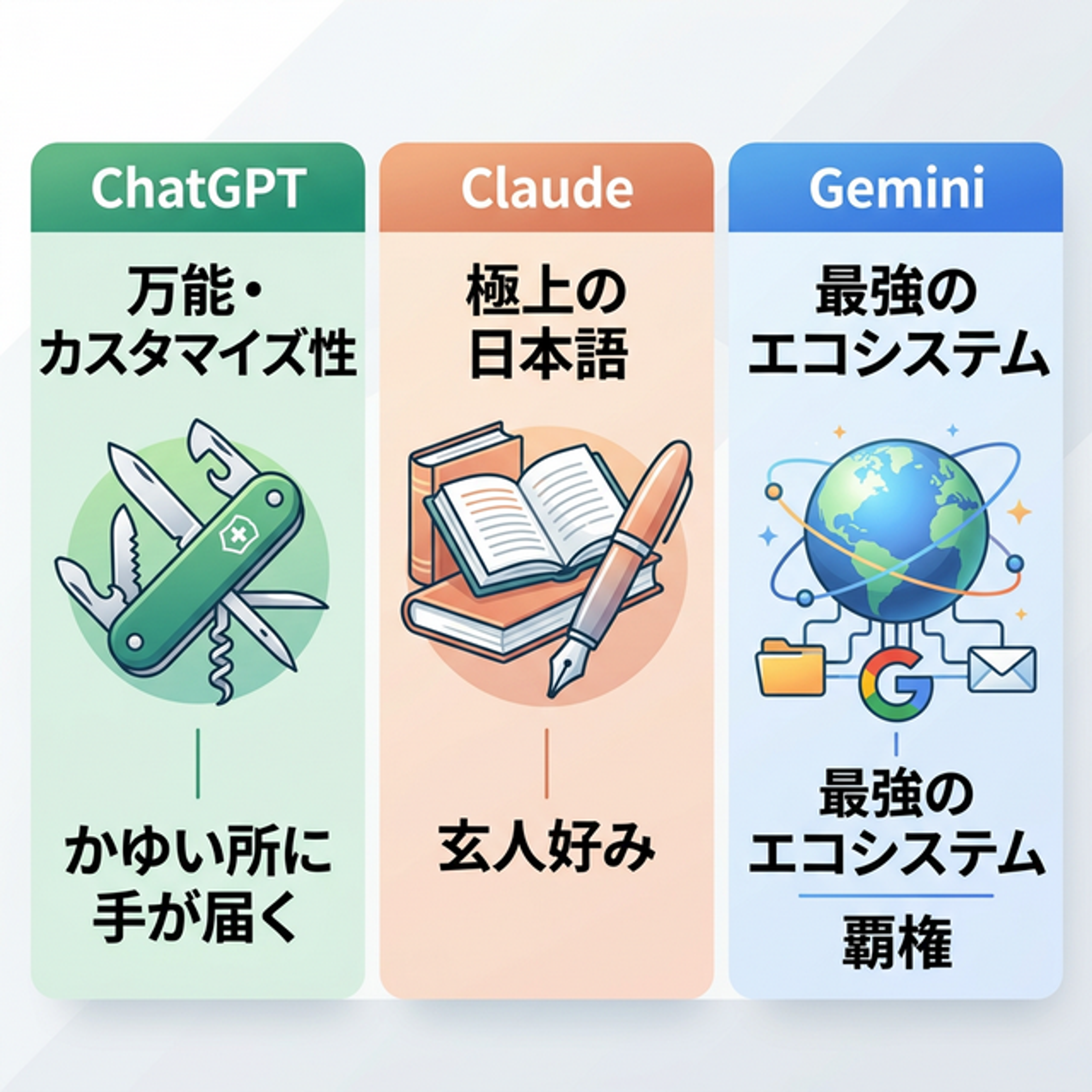 ChatGPT、Claude、Geminiの強みを一目で比較できる図解。ChatGPTは万能なアーミーナイフ、Claudeは美しい日本語を書く万年筆と本、GeminiはGoogleのエコシステムと連携する地球儀として描かれている