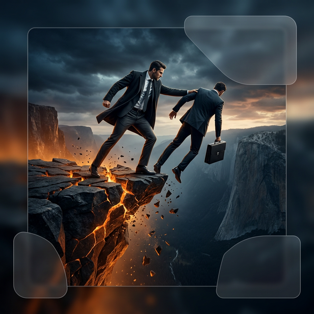 崖の上で他人を突き落とそうとしているが、自分の足元も崩れていることに気づかない人物の概念図