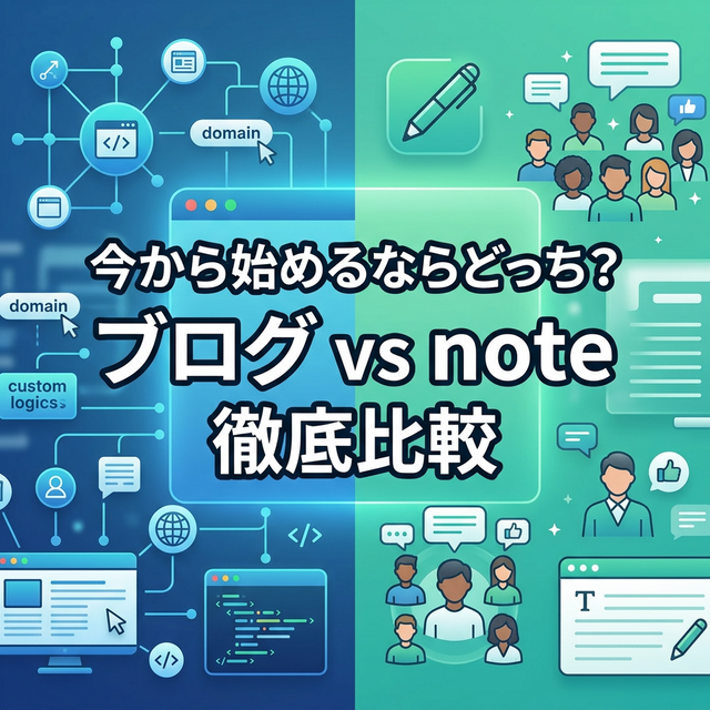 「今から始めるならどっち？ ブログ vs note 徹底比較」と書かれたブログとnoteの比較を表すアイキャッチ画像
