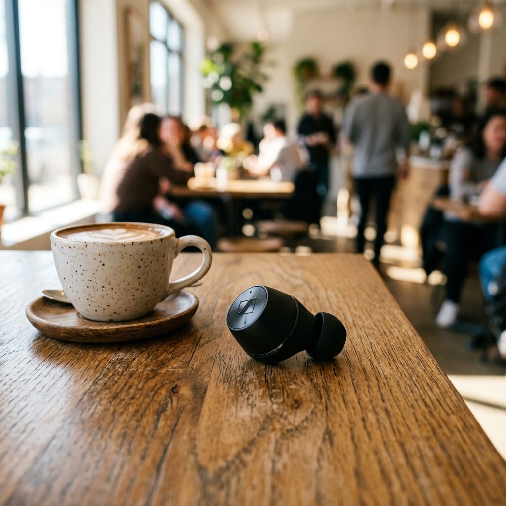 おしゃれなカフェのテーブルに置かれたモダンなノイズキャンセリングイヤホンとコーヒー