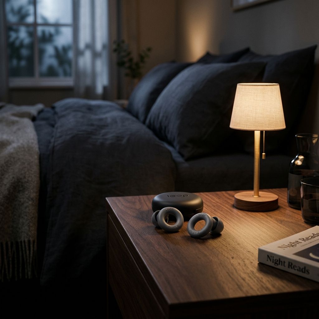 ベッドサイドテーブルの上に置かれたスタイリッシュな睡眠用耳栓Loop Quiet 2