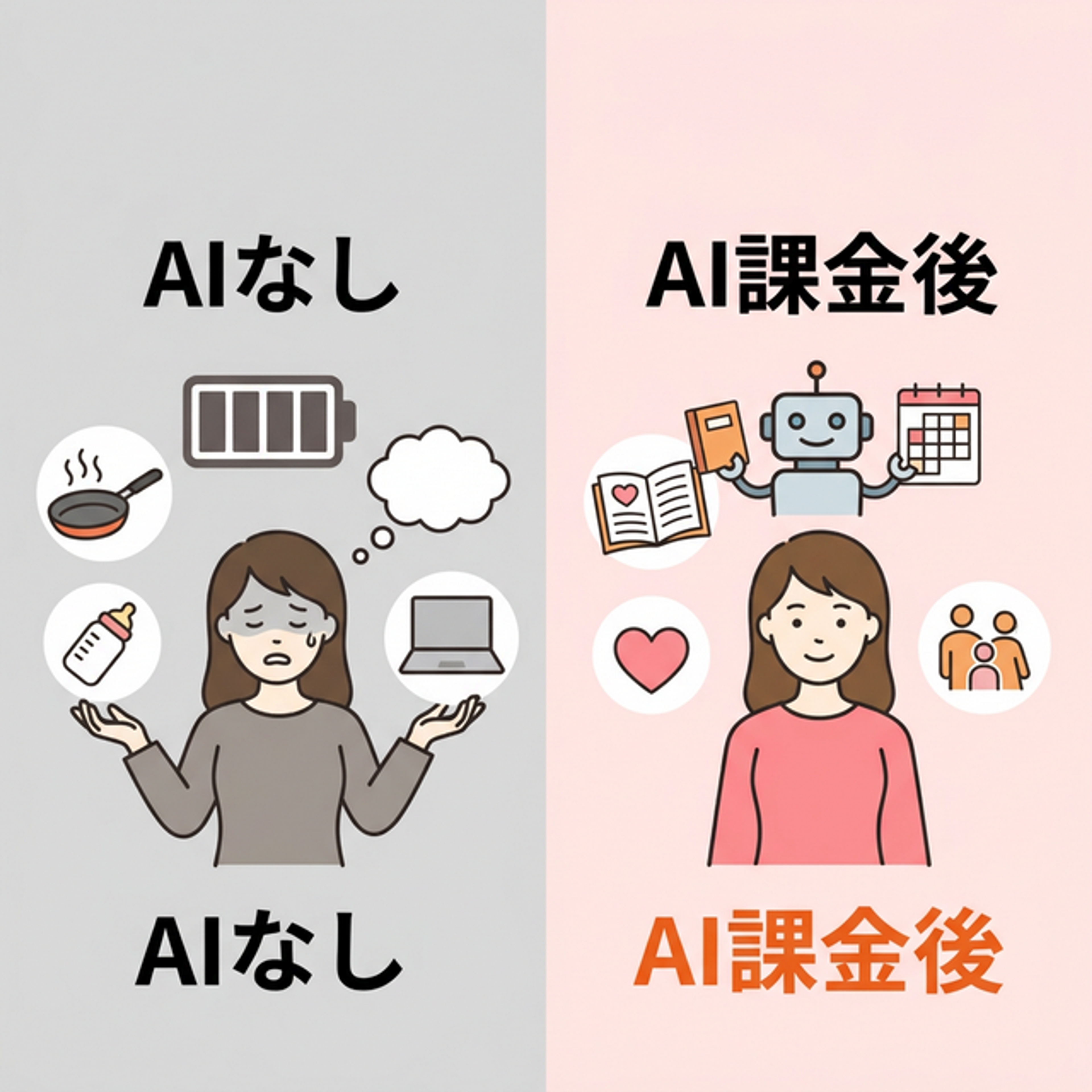AI課金のBefore/Afterを図解したイメージ。左は仕事・料理・育児に追われて頭がパンクしそうな状態。右はAIが思考タスクを代行し、心にゆとりが生まれている状態。
