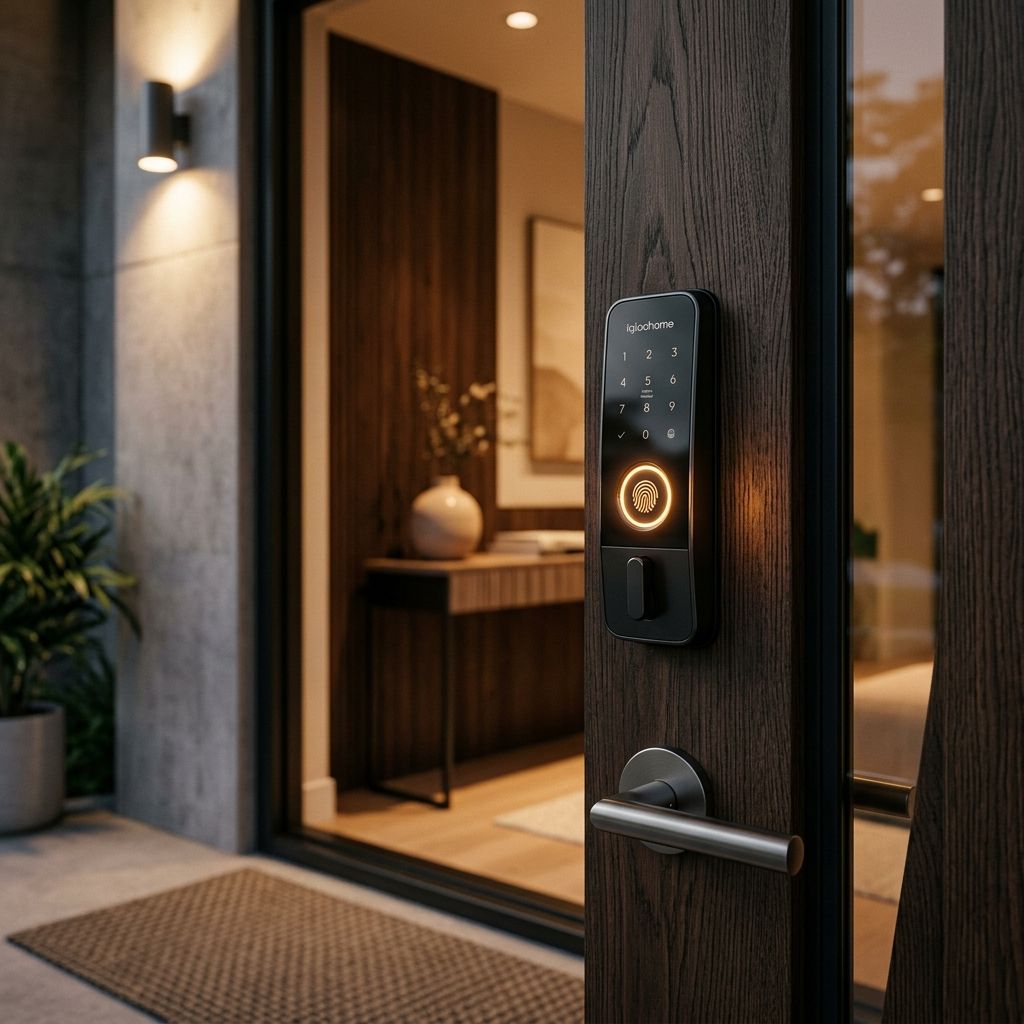 シックな木製ドアに設置されたモダンな指紋認証付きスマートロック