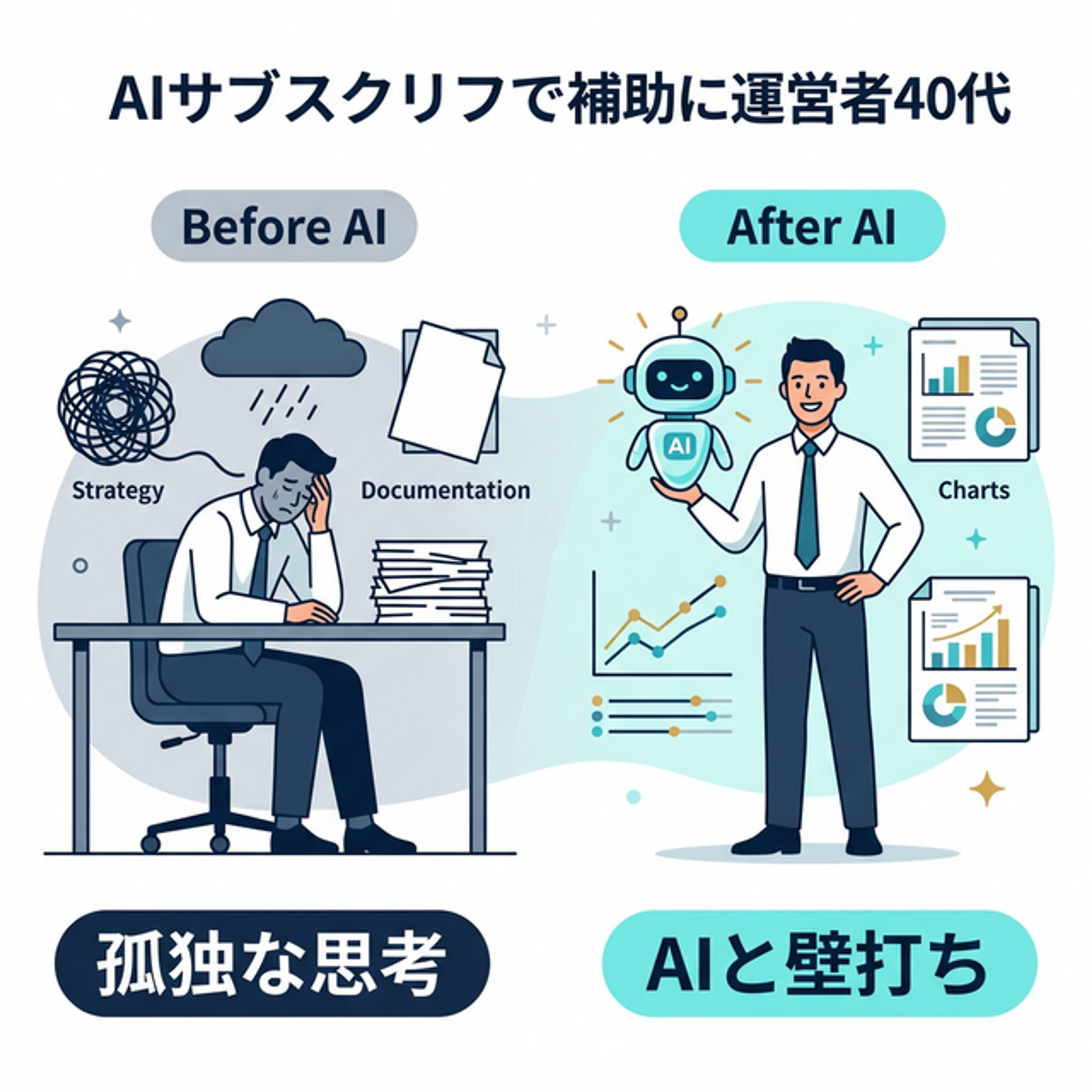 AI課金のBefore/Afterを図解したイメージ。左は孤独に頭を抱える管理職。右はAIという知的パートナーを得て、堂々と戦略を練っている状態